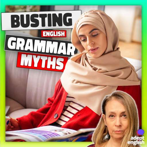 A student reading an English grammar book on a sofa. Boost your fluency effortlessly. Listen in and transform your English. Don't wait - follow us today!
