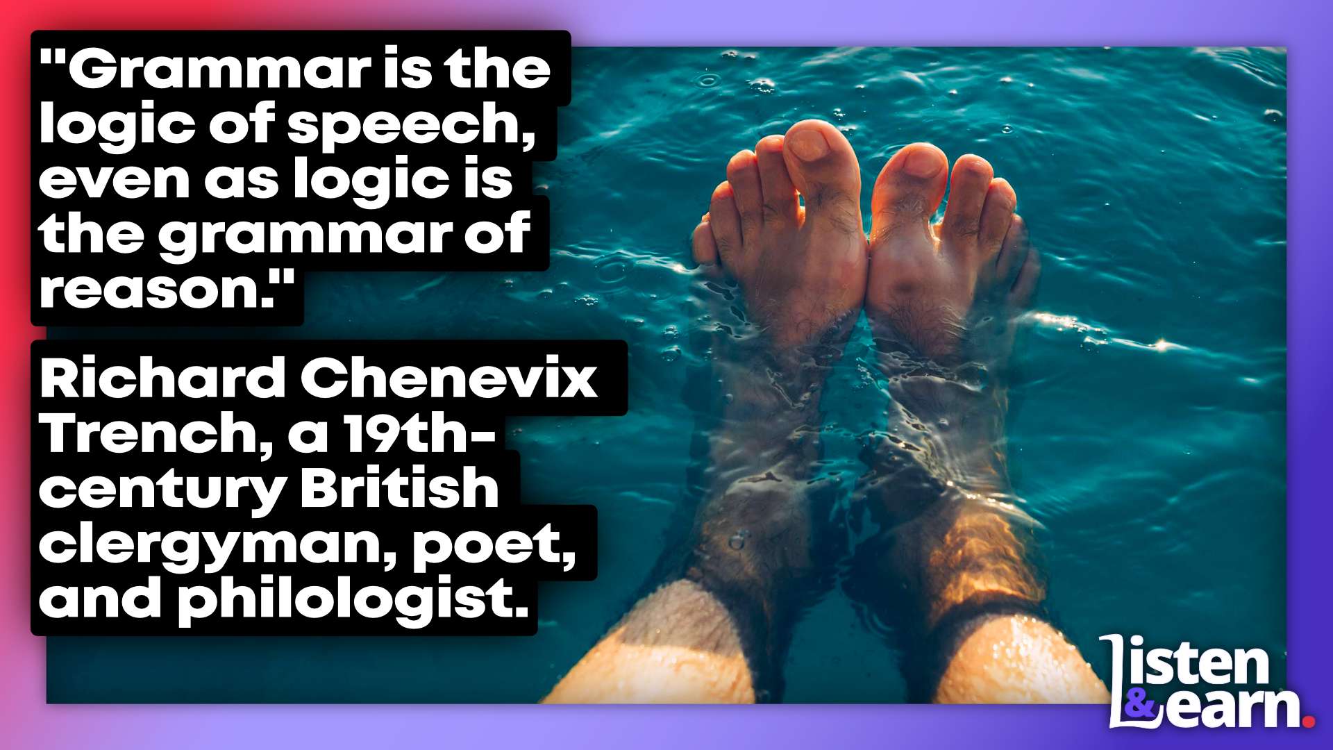 A photo of bare feet dipped in blue water. Dive into British English & become a fluent, natural speaker. Don't miss out on essential tips – subscribe to our podcast and transform your English!