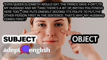 A photograph of a woman pointing at here face. A fun way to learn English grammar.