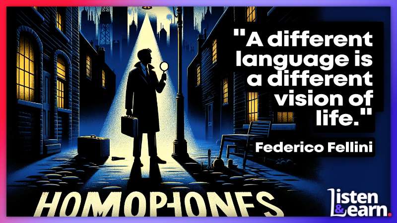 A homophone movie poster with a sleuth looking for homophones. Boost Your English with Our 500 Words Course!