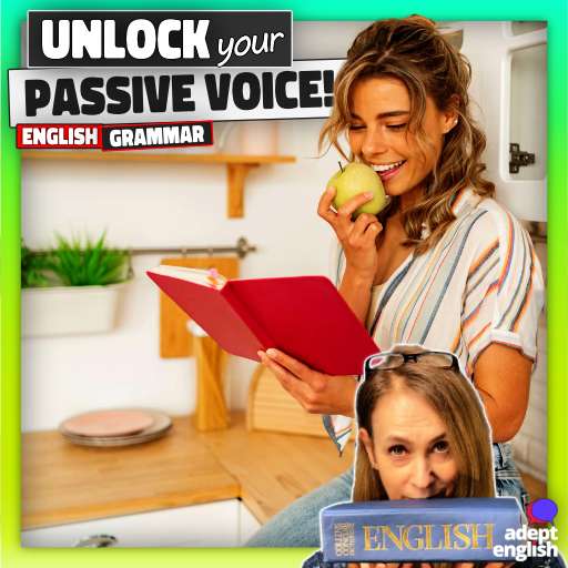 A woman reading a red book and eating an apple. Unlock Secrets: Discover how native English speakers use passive voice-even in casual chats!