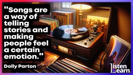 Boost vocabulary with popular songs. An image of a timeless vinyl record player with classic albums around it.