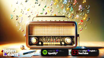 An image of a vintage radio playing classic songs with musical notes floating around. Explore idioms in iconic songs!