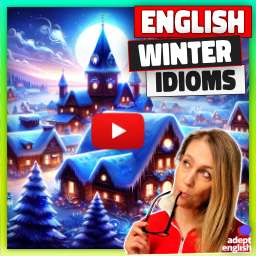 Cozy house with a chimney, surrounded by snow, decorated with Christmas lights. Boost your English with fun winter idioms!
