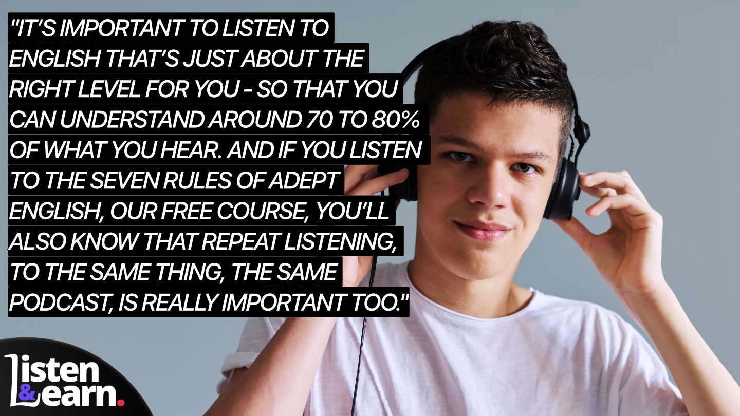 A young man listening to English lessons with headphones. A proven method for learning English that allows you to learn and use unfamiliar words, phrases, and sentences directly from English.