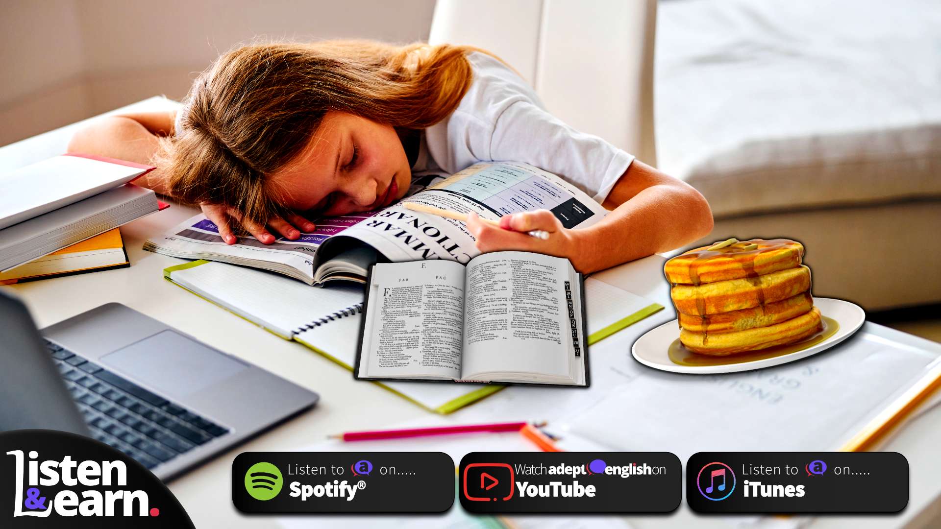 A photo of a young student snoozing on a study desk with a dictionary. In this English language podcast I give you practical techniques to help leave your translation approach to learning behind and move to language fluency.