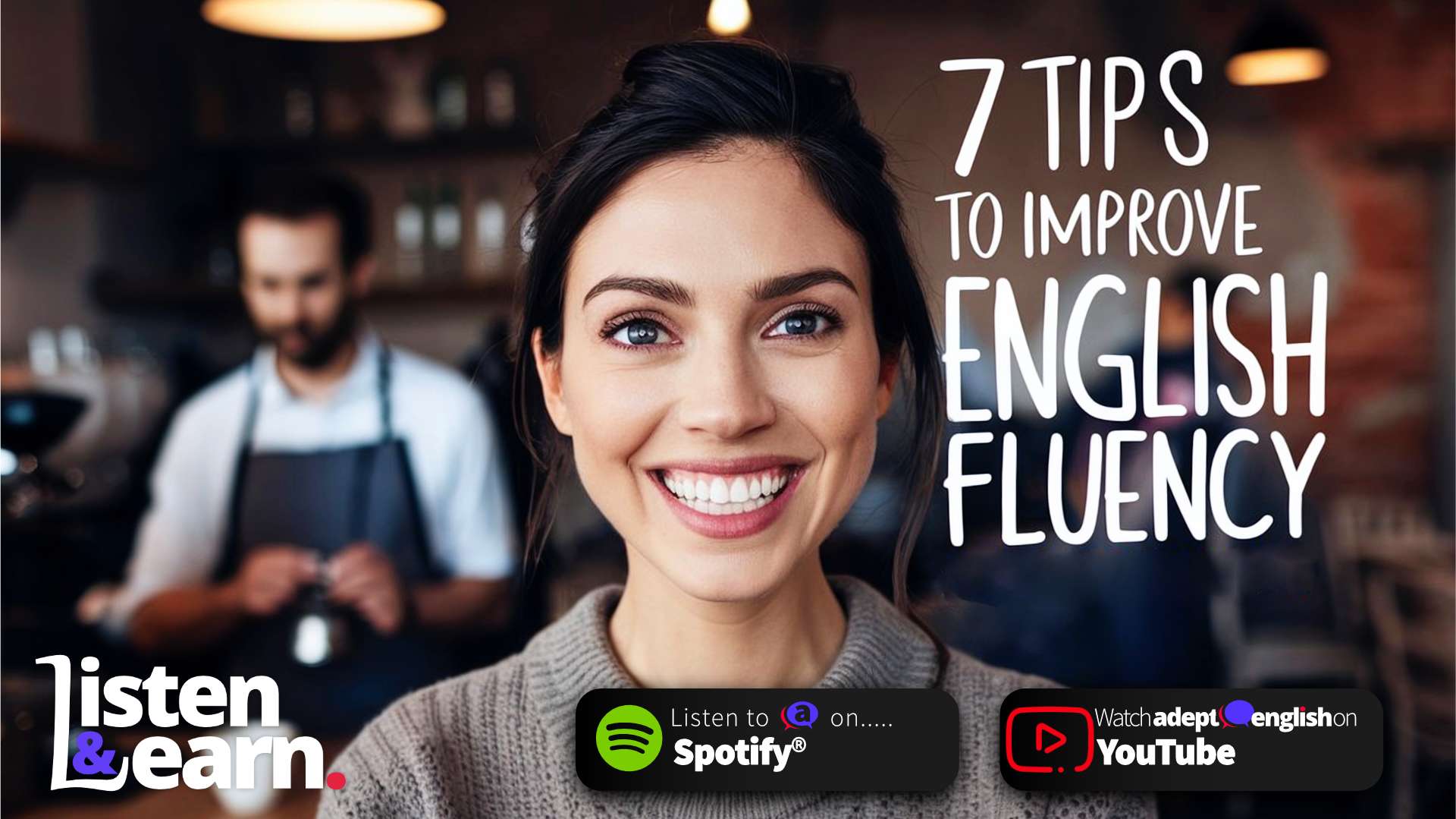Get 7 easy tips to speak English more confidently - start using them today. A smiling lady in a coffee shop.