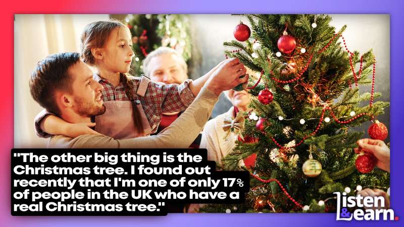A family dressing a Christmas tree with baubles. Improve your spoken English by listening to our English language learning podcast on the build up to Christmas day in Britain!