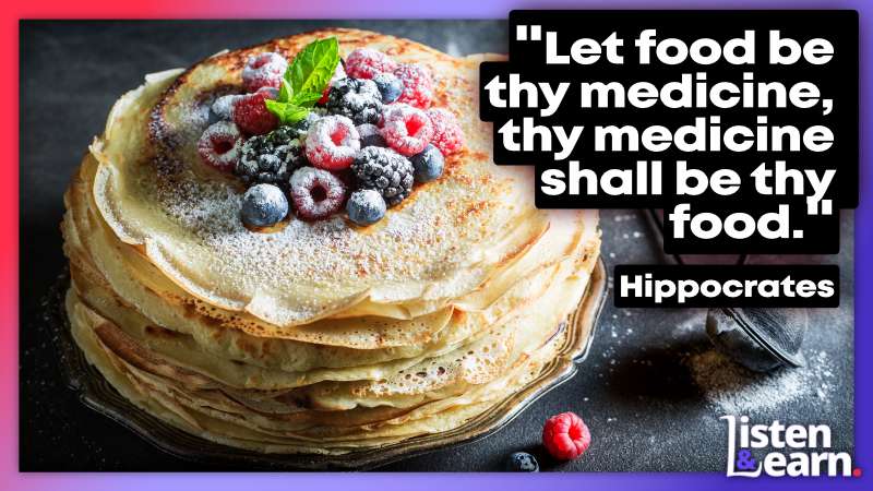 A photograph of blueberry pancakes covered in sugar. Don't wait, elevate! Subscribe to our podcast for fresh English lessons and health tips.