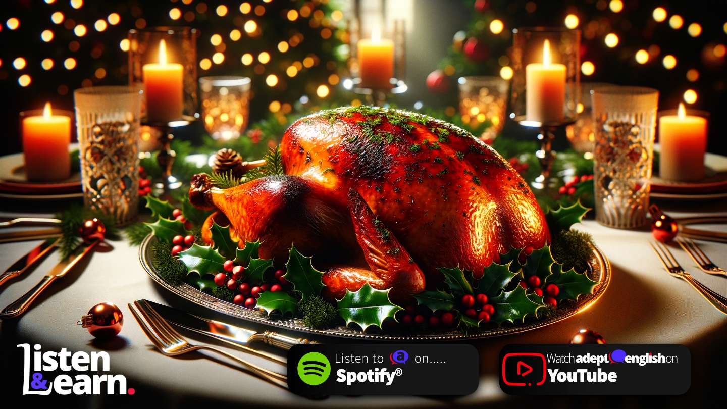 A roasted turkey on a festive table, representing the traditional Christmas dinner in the UK. Boost Listening Skills: Improve English with British accents and culture.