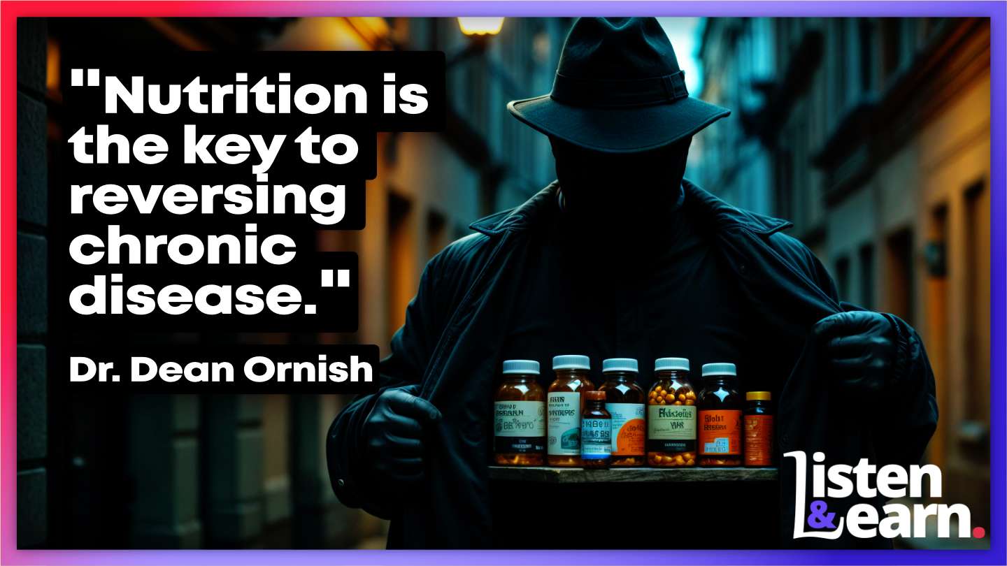 A shady character selling bottles of health pills in a dark alley. Podcasts and Health Misinformation: Learn English and Stay Informed