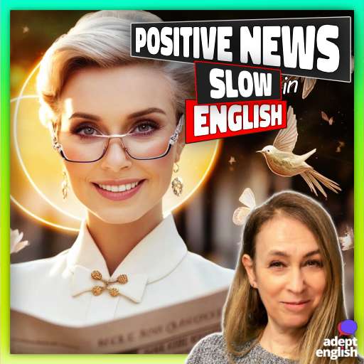 A lady reading a news paper surrounded by positive symbols and uplifting lighting. Improve listening skills with clear English pronunciation