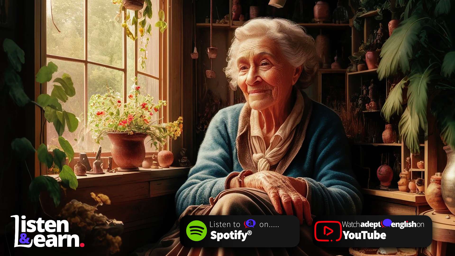 Illustration of an old woman in a comfortable sunny room full of love and plants. Learn English from the Oldest Person Alive!