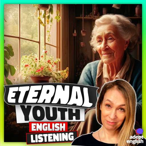 Illustration of an old woman in a comfortable sunny room full of love and plants. Learn English from the Oldest Person Alive!