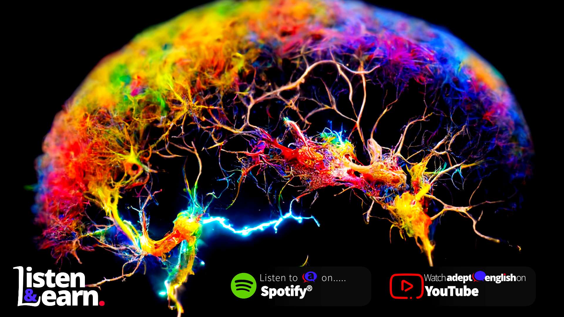Graphic art depicting a neuron firing in a human brain. Study English online listening to great English audio lessons all of which come with full transcripts.