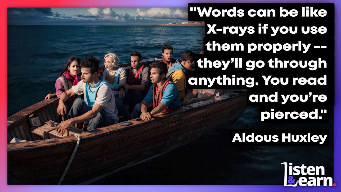 An AI image of migrants in a wooden boat on the ocean. Multiply your vocabulary and supercharge your fluency.