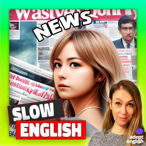 An AI Image of a woman standing in front of news papers. Unlock your British English fluency potential! Follow and subscribe to our podcast today.