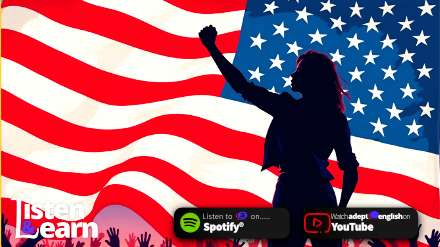 A female silhouette in front of an American stars and stripes flag. Learn real English words and phrases from British news and work culture.