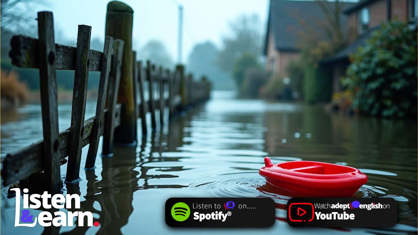 A flooded UK street and home. Learn real UK news to boost your vocabulary and cultural understanding.