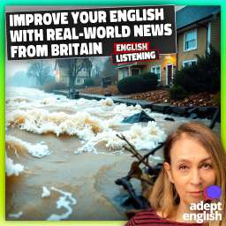 A flooded UK street and home. Learn real UK news to boost your vocabulary and cultural understanding.