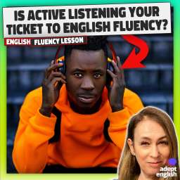 African American wearing bright orange top, Active listening to English lessons. Step up your English game! Learn faster with our immersive techniques on Spotify! Your path to fluency starts here.