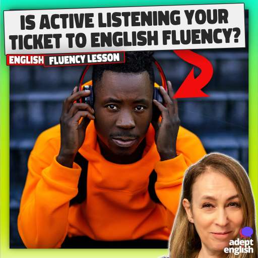 African American wearing bright orange top, Active listening to English lessons. Step up your English game! Learn faster with our immersive techniques on Spotify! Your path to fluency starts here.
