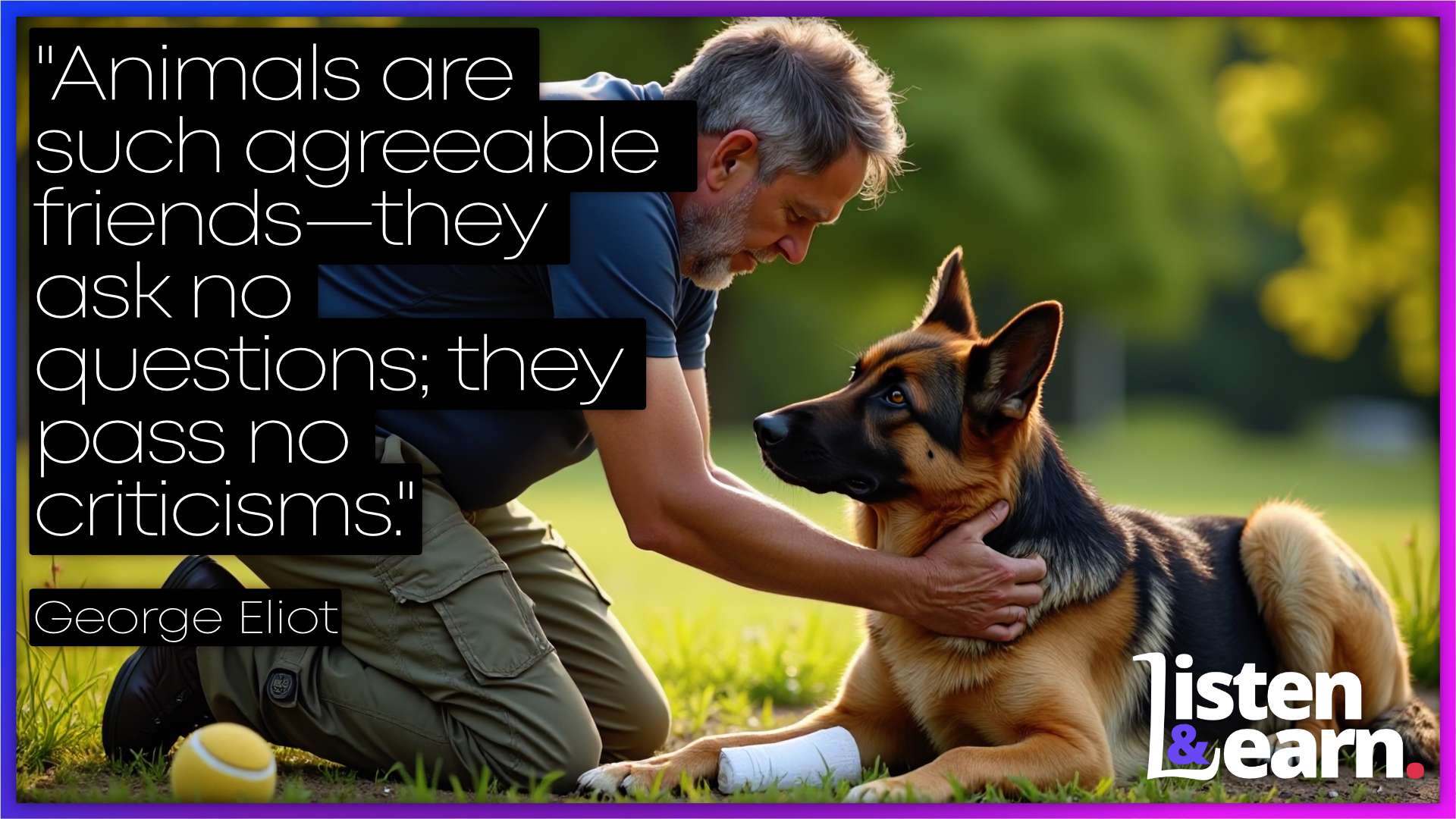 A German sheppard dog being looked after by an elderly man. Perfect for learners—slow, simple explanations of complex topics.