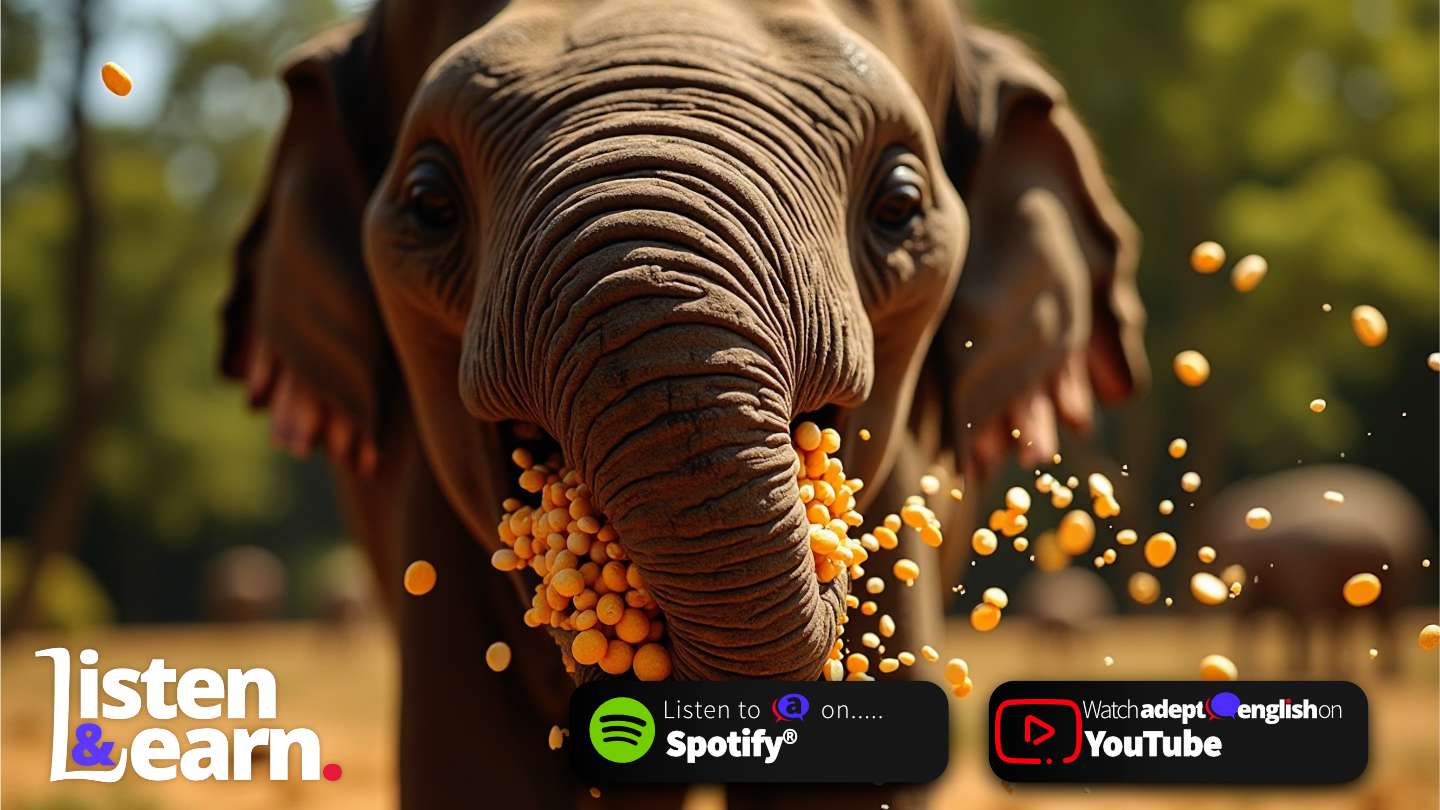 An elephant eating snacks. Learn English with real-world news stories—easy to understand and interesting.
