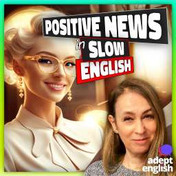 An AI news desk presenter with a happy smile. Improve your English with uplifting news stories for a positive learning experience.