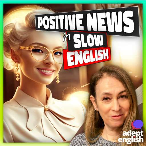 An AI news desk presenter with a happy smile. Improve your English with uplifting news stories for a positive learning experience.
