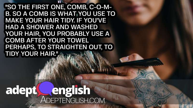 A photograph of a man having his hair cut. Used to help explain the difficult to pronounce word comb.