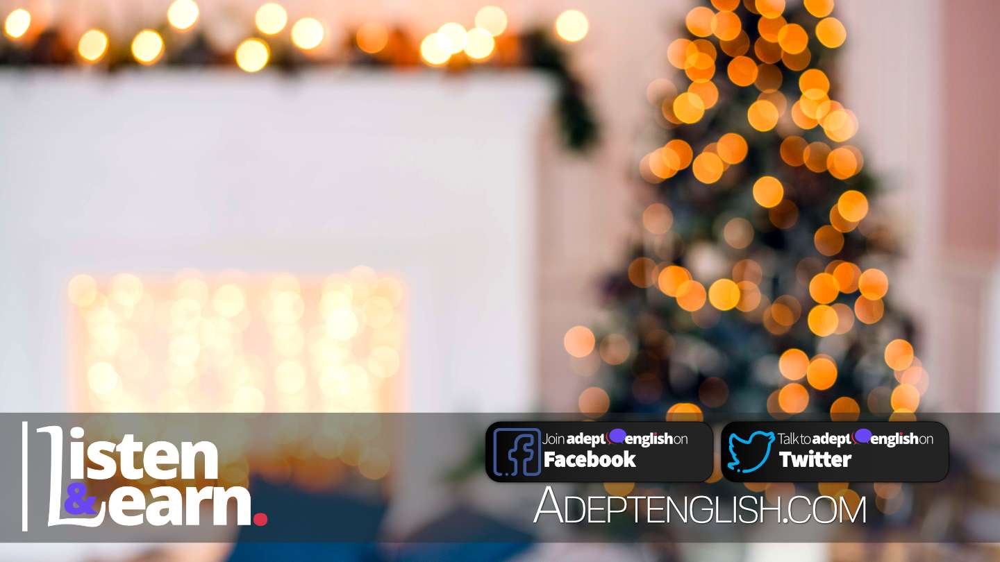 An out of focus photograph of a modern living room with lots of bokeh from Christmas tree lights, used to help explain English Christmas idioms.