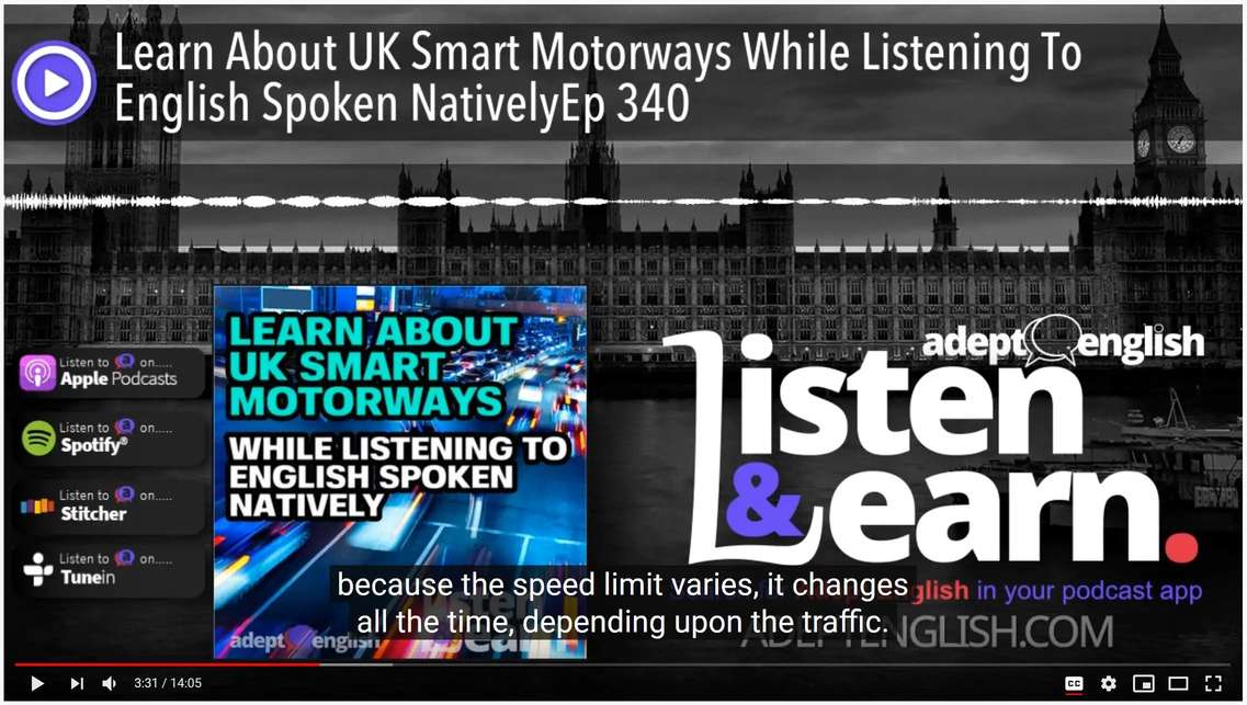 A screenshot of the Adept English channel audio lesson with built in subtitles