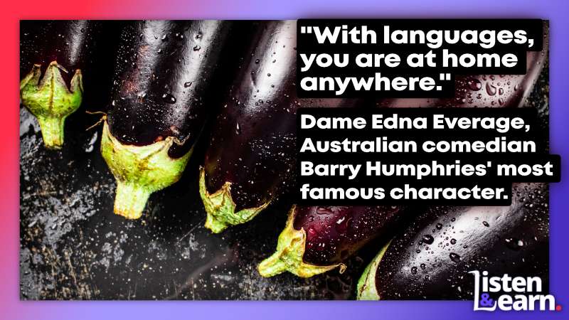 A photograph of some Aubergines. Explore British food words with us! Our podcast on Spotify and YouTube video make learning fun.