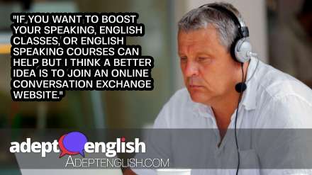 A photograph of a man talking with another language learner online to help practice speaking English.