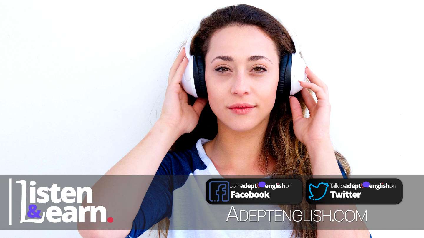 A photograph of a lady wearing white in ear headphones listening to an Adept English learn English through listening podcast. Used as the cover image for Learn English 120 Article How To Get The Best Out Of Your Speaking English Podcast.