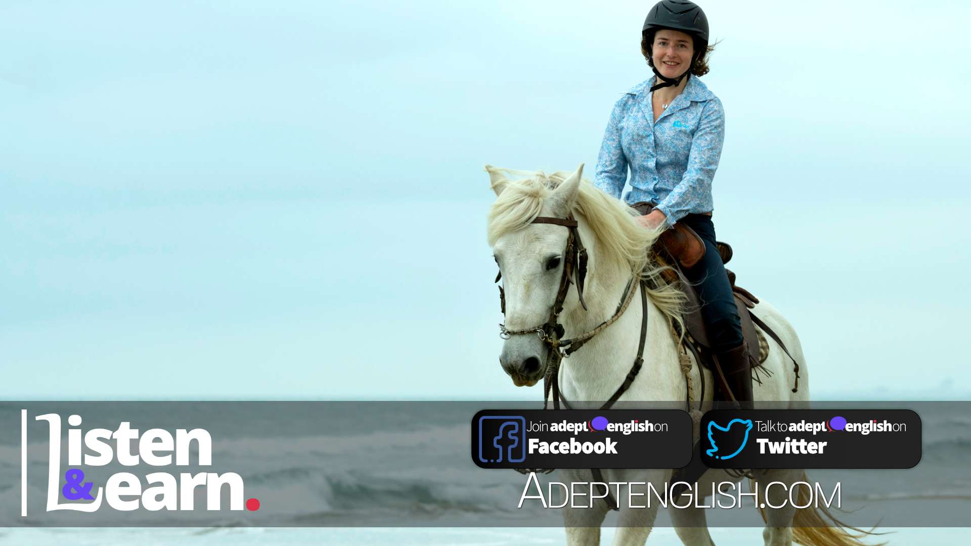 A photograph of a lady riding a white horse on sand at the beach. Used in an English language listening story to help students talk English.