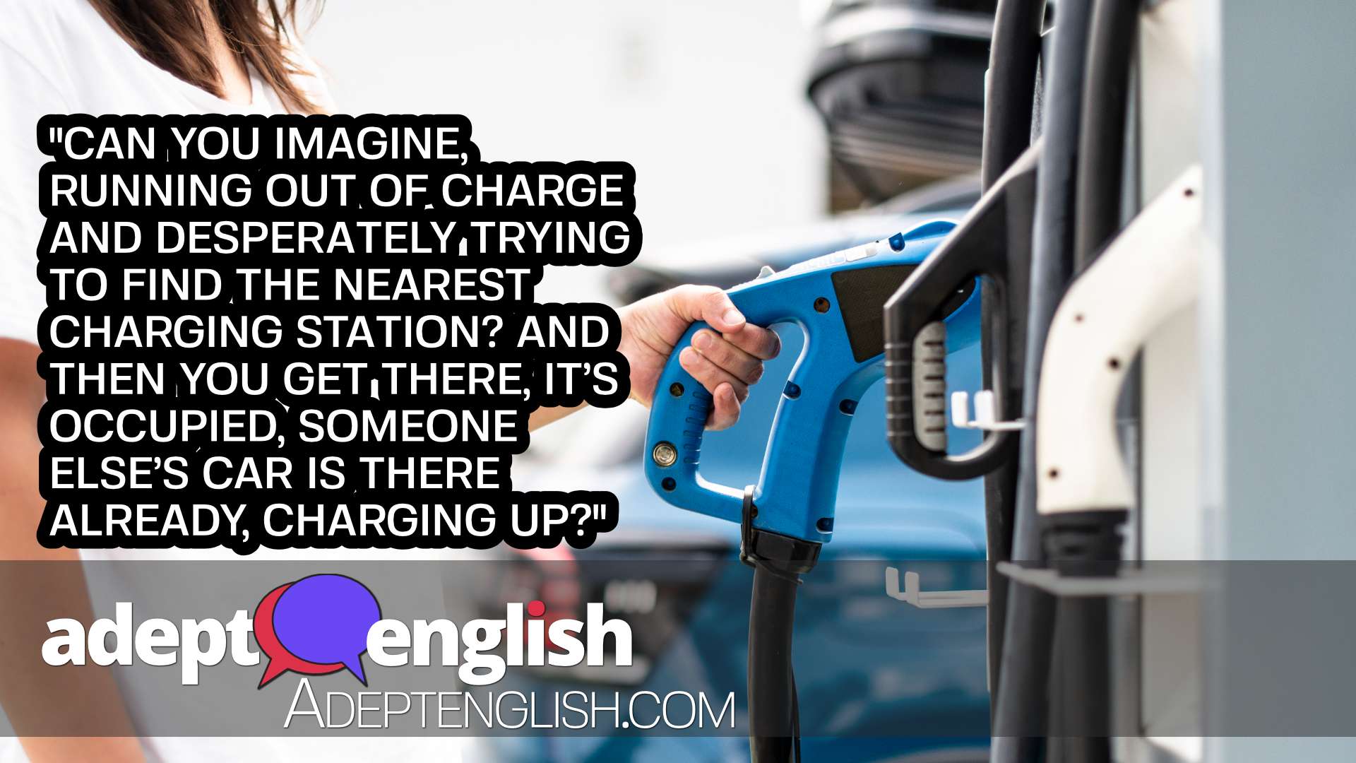 A photograph of a woman plugging her electric car into an electric charging point. Used to help highlight the length of charging times in the English lesson talking about electric cars in the UK.