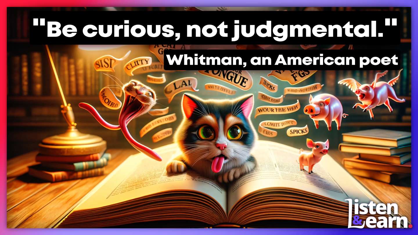 An image of a curious cat on a book full of idioms. Boost your English speaking with real examples.